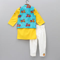 Pre Order: Yellow Kurta And White Pant With Scooter Print Jacket