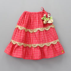 Pre Order: Organic Red Checks Top And Lehenga With Ruffled Dupatta