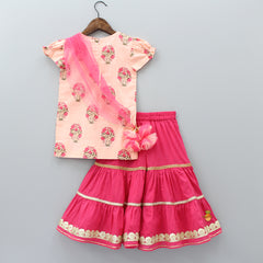 Pre Order: Peach Printed Kurti With Attached Dupatta And Pink Sharara