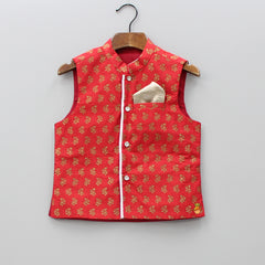 Pre Order: White Kurta And Churidar With Red Jacket