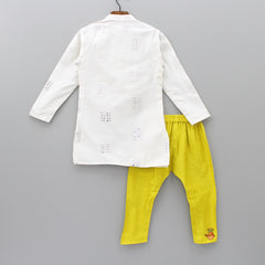 Pre Order: Off-White Kurta And Yellow Churidar
