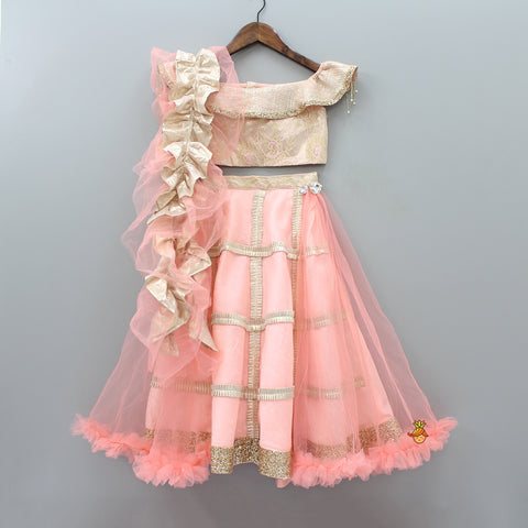 Rose Gold Top And peach Lehenga With Frilly Dupatta