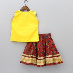 Yellow Kurta And Brown Floral Printed Lehenga With Dupatta