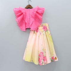 Pre Order: Frilly Top And Floral Print Lehenga