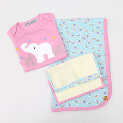 Pre Order: Organic Elephant Theme Bodysuit With Blanket And Face Towels