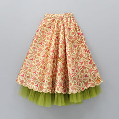 Pre Order: Top With Short Cape And Floral Printed Lehenga