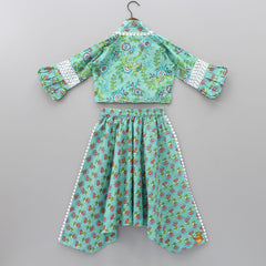Pre Order: Sea Green Printed Crop Top With Harem Style Dhoti