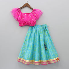 Sequin Work Frilly layered Top With Bandhani Printed Lehenga And Sling Bag