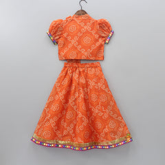 Bandhani Printed And Lace Work Top With Ghagra