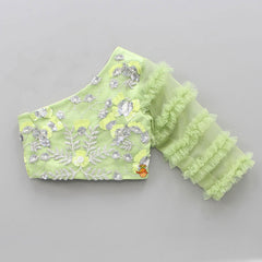Pre Order: Green One Shoulder Top With Frilly Ghagra And Dupatta