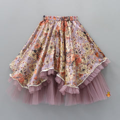 Frilly Layered One Shoulder Floral printed Top With Asymmetric Layered Lehenga