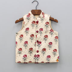 Pre Order: Kurta And Churidar With Floral Printed Quilted Jacket