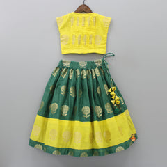 Pre Order: Pintuck Detailing Top With Brocade Embroidered Lehenga And Dupatta