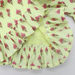 Pre Order: Floral Printed Lime Yellow Top And Layered Lehenga With Dupatta