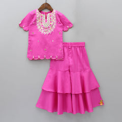 Pre Order: Hot Pink Mirror And Gota Work Kurti With Sharara And Dupatta