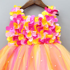 Pre Order: Pink And Yellow Flower Petals And Pearl Embellished Gown With Head Band