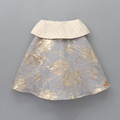 Grey Brocade Top And Lehenga With Ruffled Net Drape Dupatta