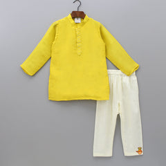 Pre Order: Stylish Cut Out Thread Embroidered Yellow Jacket With Kurta And Pyjama
