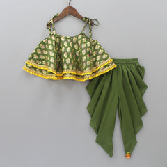 Olive Green Foil And Floral Printed Lace Work Top And Dhoti With Matching Sling Bag