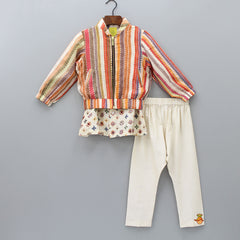Pre Order: Floral Printed Ivory Kurta With Colourful Jacket And Pyjama