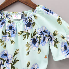 Sky Blue Floral Print Bell Sleeves Jumpsuit