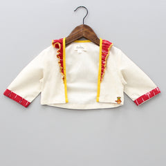 Pre Order: Top And Lehenga Set with Ikat Ruffle Jacket
