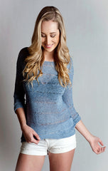 3/4 Sleeve Boat, Neck, Loose Knitted Top- Indigo