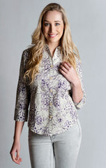 97% Cotton / 3% Spandex, Cardinal Black Print Shirt- 3/4 sleeve, fitted at back.