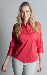 97% Cotton / 3% Spandex, Berry Shirt- 3/4 sleeve, fitted at back.