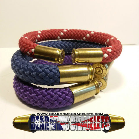 brass .45 purple dark blue and a brass 9mm crimson red beararms bullet casings bracelets