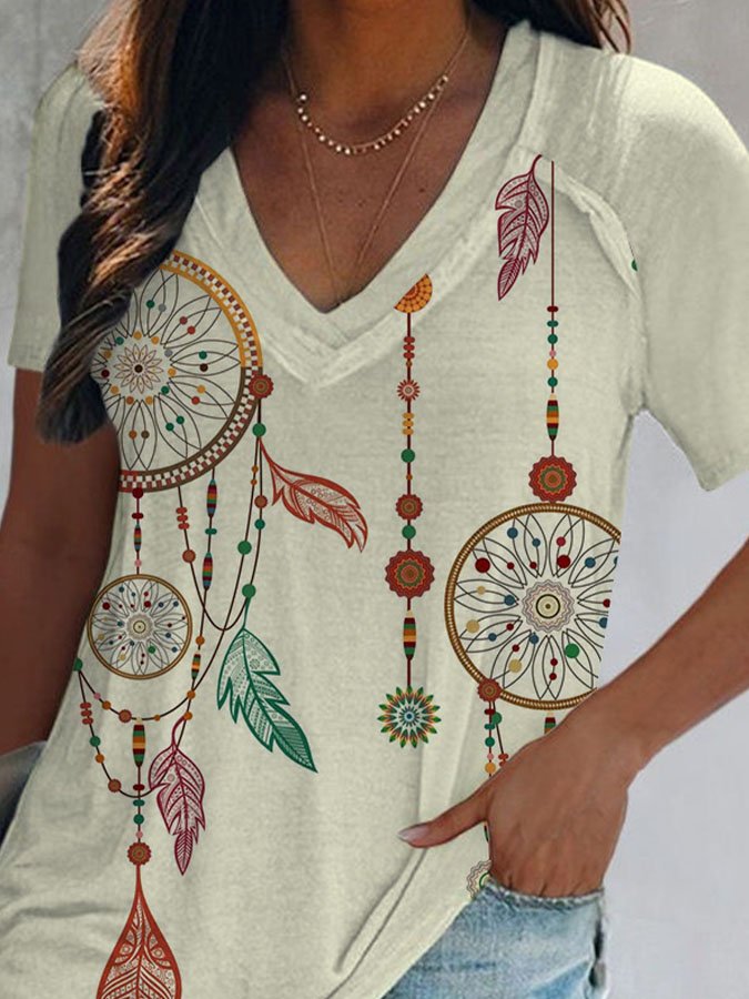 Dream Catcher Ethnic Print V-Neck T-Shirt
