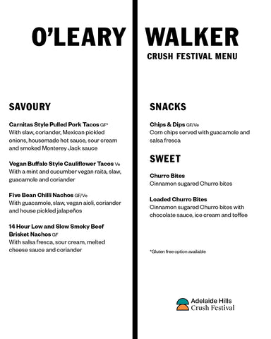 Mexican inspired menu for O'Leary Walker's Crush Festival event, including nachos, tacos and churros, with vegan and gluten free options