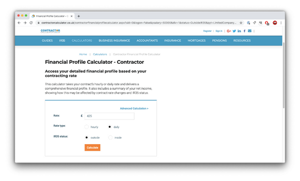 Contractor Calculator website for calculating income of contractor UX and UI designers in the UK