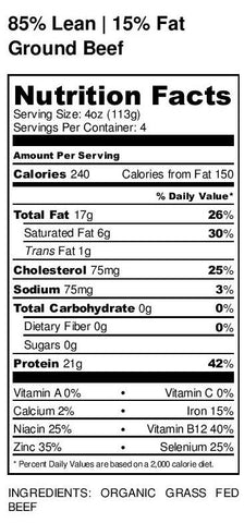 Organic Grass-fed Ground Beef nutritional facts label