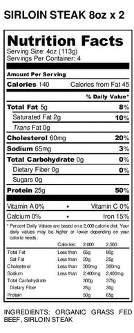Organic Grass-fed Top Sirloin Steak nutritional facts label