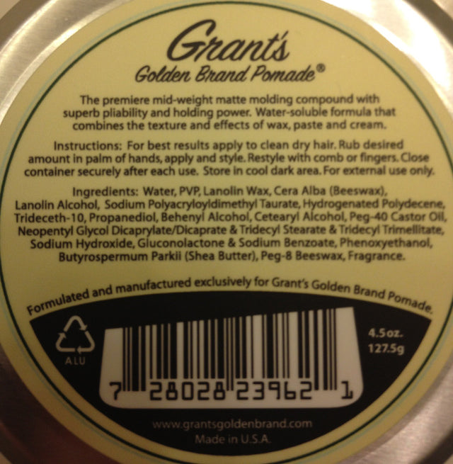 Grant's Golden Brand Pomade Matte Dressing bottom label