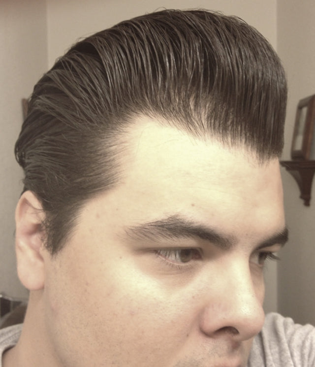 JC Hillhouse hair styled with Formula Y - right side view pomp