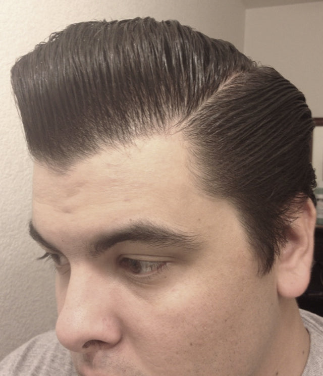 JC Hillhouse hair styled with Formula Y - left side view pomp