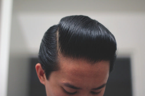 Hair Styled With Black and White Hair Dressing Pomade - Side View