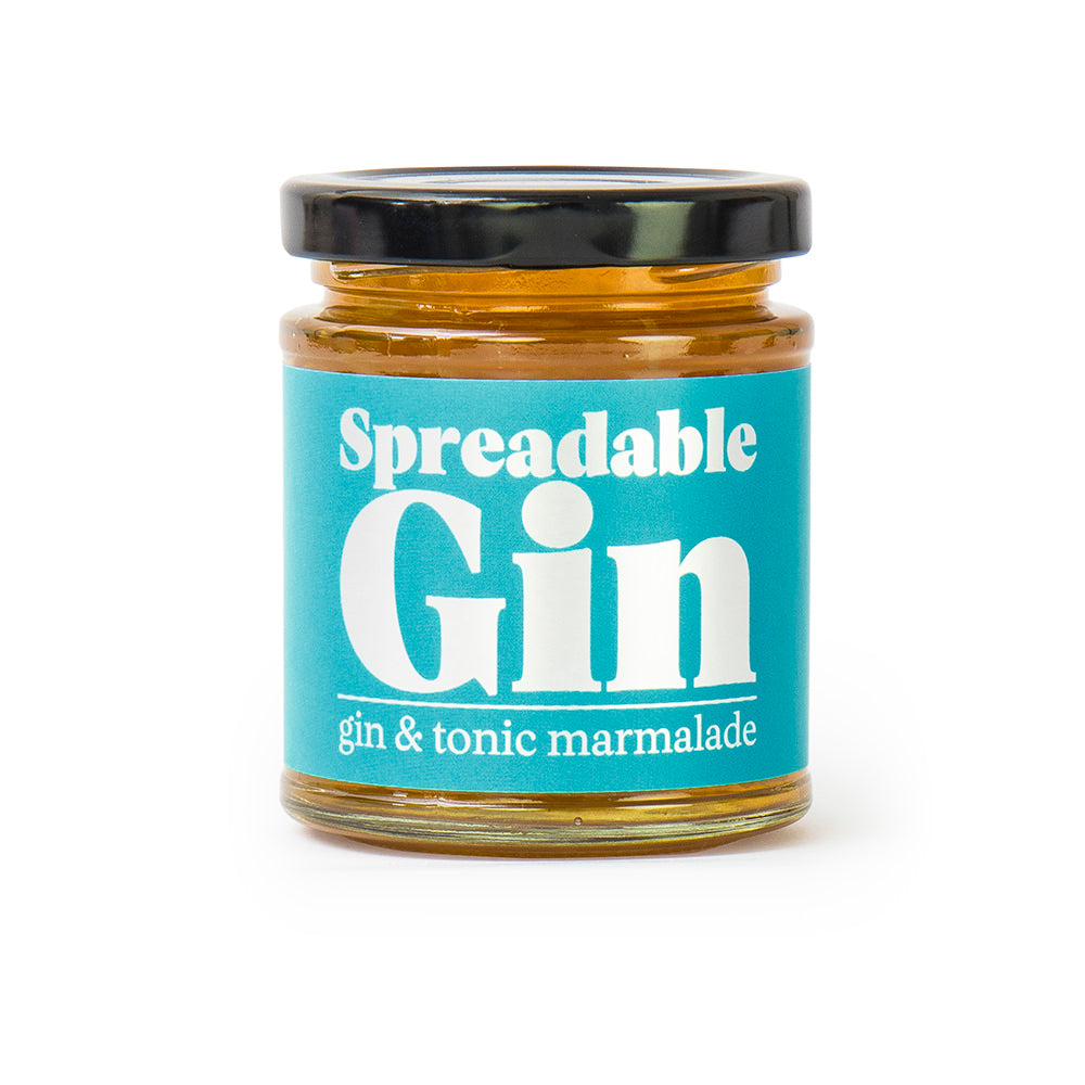 spreadable gin in jar on white background