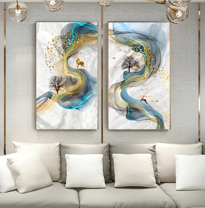 Abstract Golden Stags Luxurious Nordic Wall Art Fine Art Canvas Prints Fashionable Pictures For Living Room Bedroom Modern Home Decor