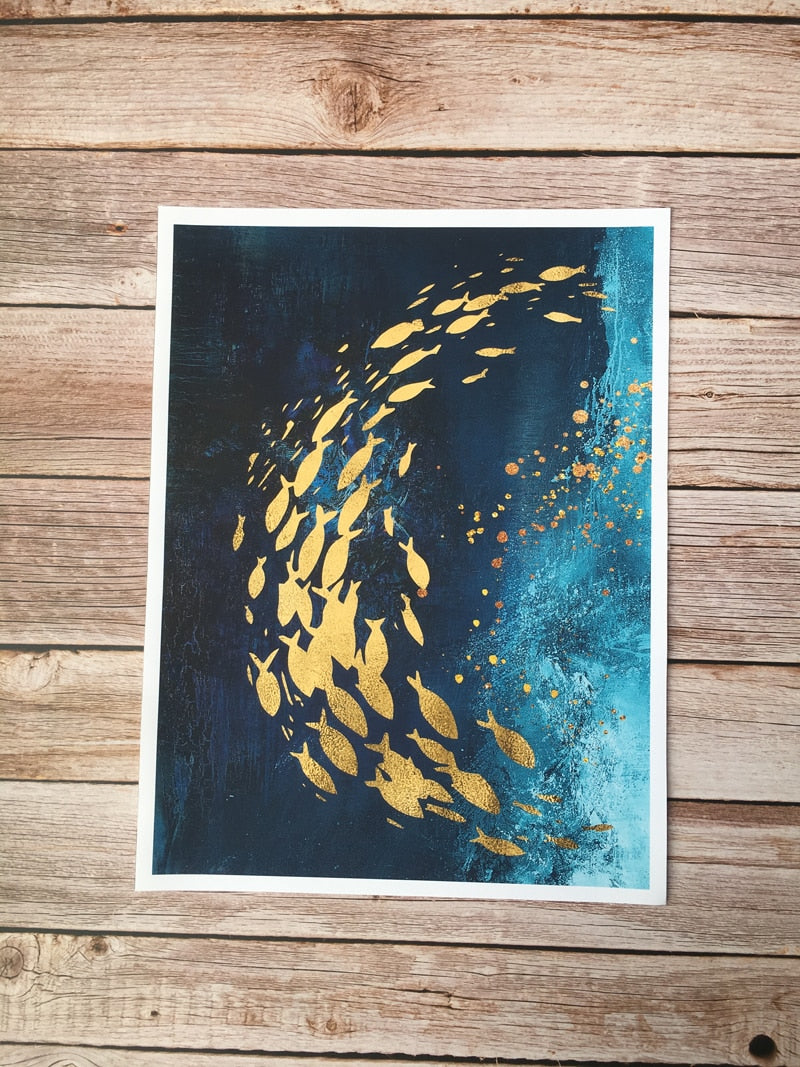 Abstract Nordic Golden Fish in Azure Sea With Gold Butterflies By Night Contemporary Fine Art Canvas Prints For Modern Home Office Interior Decor
