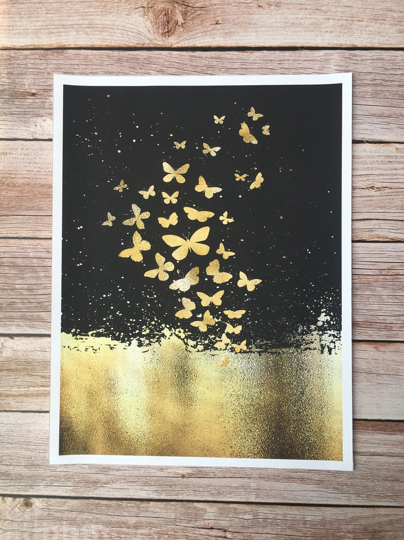 Abstract Nordic Golden Fish in Azure Sea With Gold Butterflies By Night Contemporary Fine Art Canvas Prints For Modern Home Office Interior Decor
