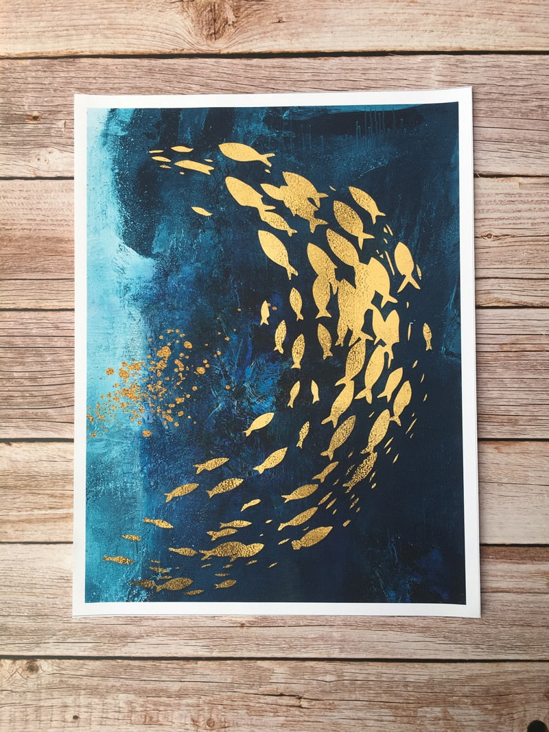 Abstract Nordic Golden Fish in Azure Sea With Gold Butterflies By Night Contemporary Fine Art Canvas Prints For Modern Home Office Interior Decor