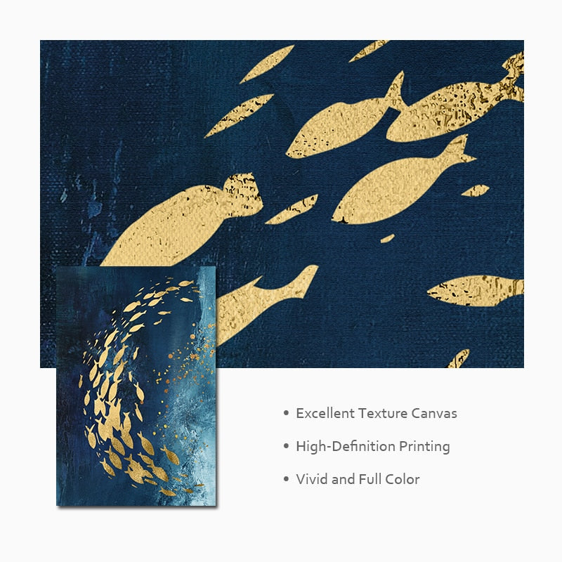 Abstract Nordic Golden Fish in Azure Sea With Gold Butterflies By Night Contemporary Fine Art Canvas Prints For Modern Home Office Interior Decor