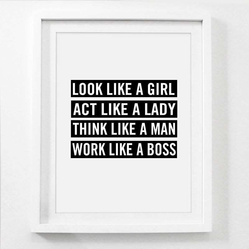 Act Like A Lady Work Like A Boss Quotation Black And White Minimalist Wall Art Motivational Poster For Girls Room Fine Art Canvas Prints