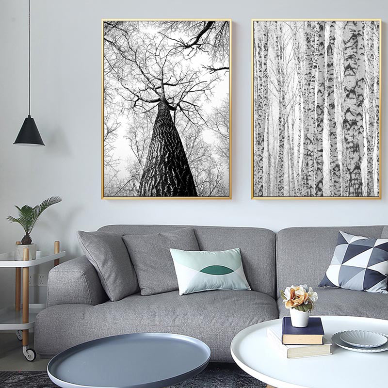 Black And White Scandinavian Winter Wall Art Woodland Nature Deer Silver Birch Forest Fine Art Canvas Prints For Living Room Dining Room Decor