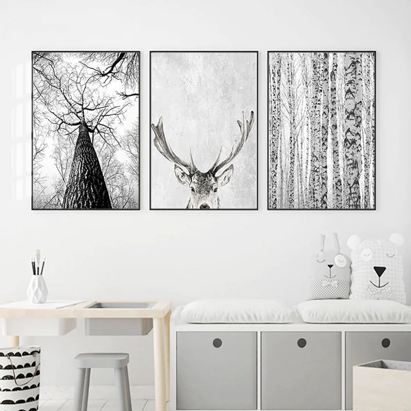 Black And White Scandinavian Winter Wall Art Woodland Nature Deer Silver Birch Forest Fine Art Canvas Prints For Living Room Dining Room Decor