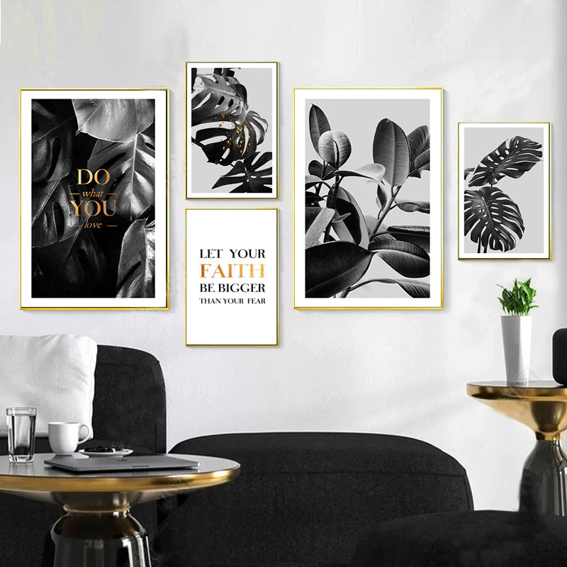 Black White Gold Tropical Leaves Do What You Love Minimalist Quotations Fine Art Canvas Prints Wall Art For Nordic Interior Style Home Decor