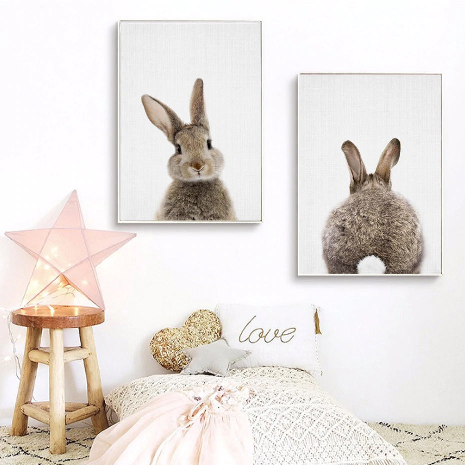 Cute Animals Cartoon Canvas Nursery Paintings Cute Bunny Rabbit Posters Prints Nordic Wall Art Pictures For Kids Room Home Decor